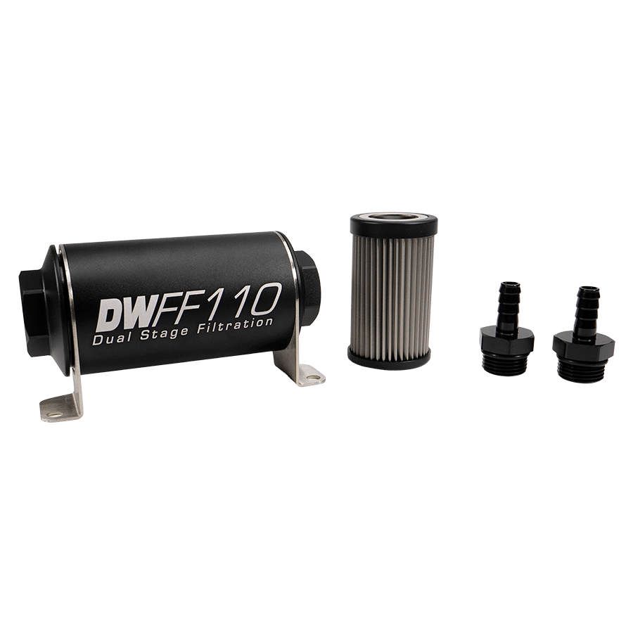 DeatschWerks 110mm In-Line Fuel Filter Kit - 40 Micron, 3/8 Barb
