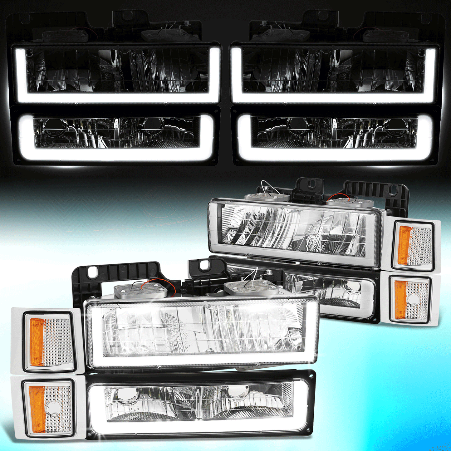 DNA Motoring LED Bar Headlight Set (LB5 Style) - Chrome/Amber - 94-98 Chevy C/K1500-3500