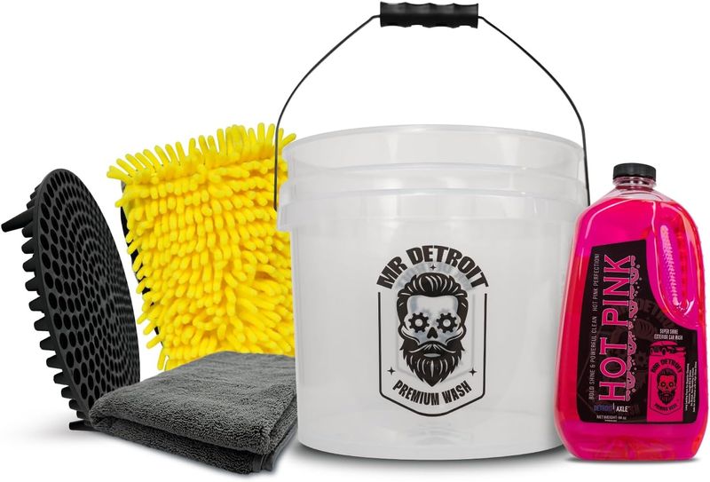 5pc Car Wash Kit w/Bucket, 64oz Car Soap, Wash Mitt, Drying Towel & More