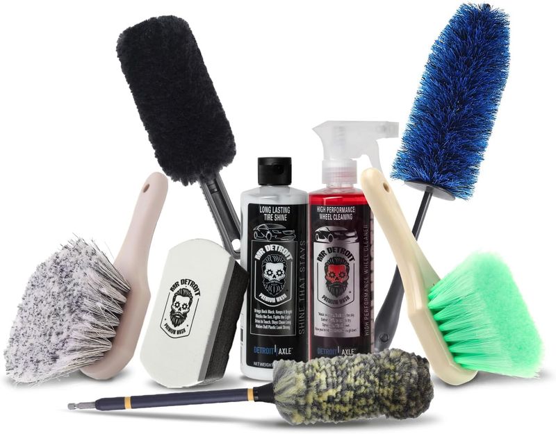 8pc Car Wheel Detailing Kit w/Wheel and Tire Cleaner, Brushes, Applicator Pad