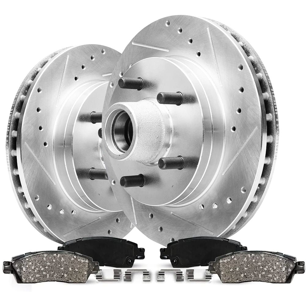 1995-1999 Chevy GMC C1500 4pc Front Drilled Slotted Rotors and Ceramic Pads Full Kit