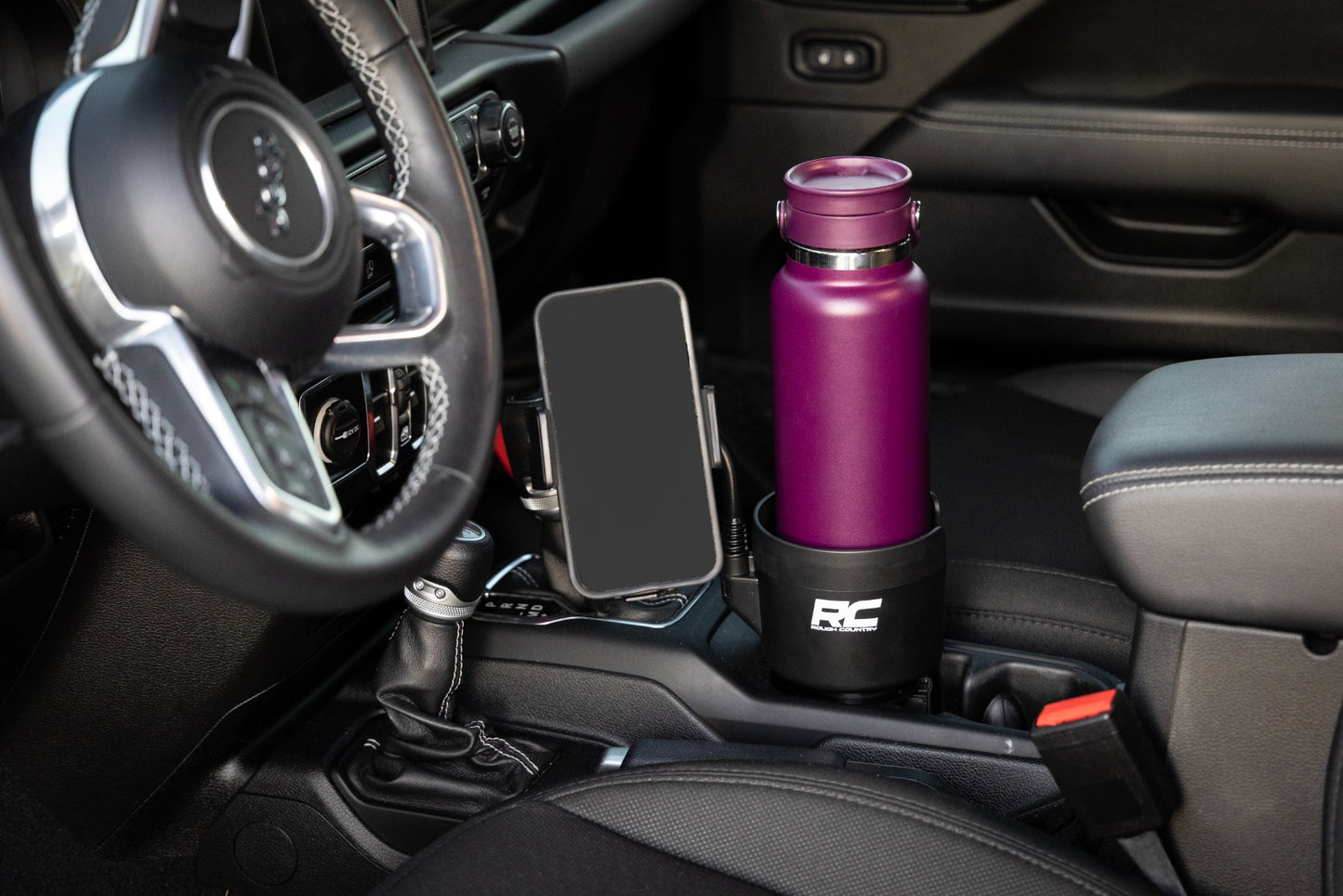 Rough Country cup and phone holder installed
