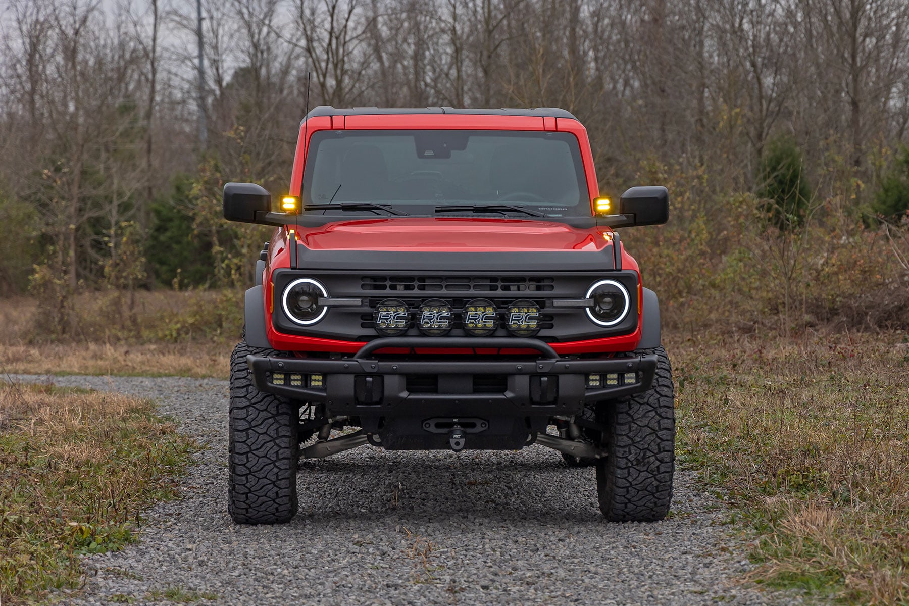 Rough Country 2 Inch Amber Lens LED Light Pods - lit up
