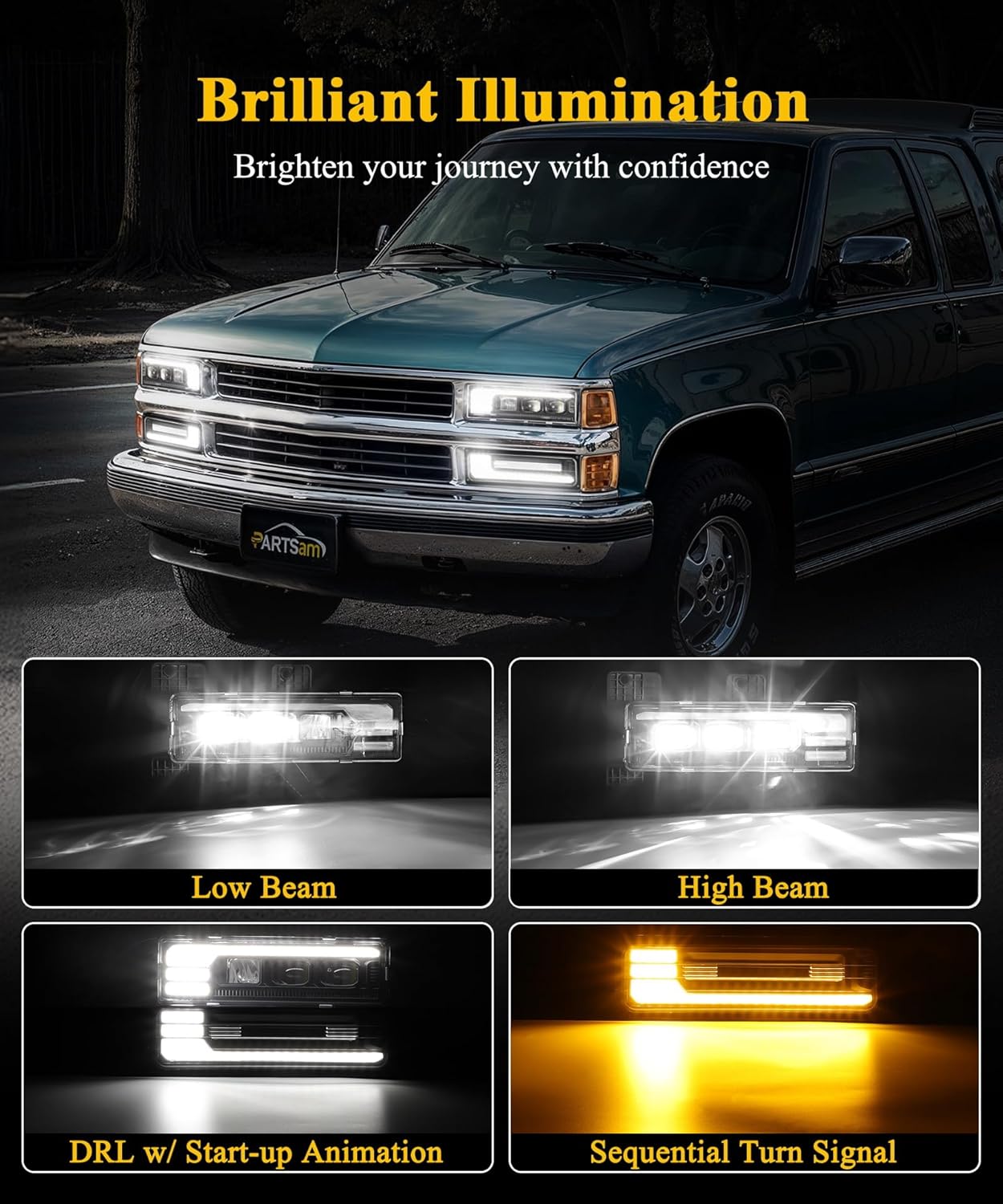 Partsam LED Headlights Assembly for OBS Truck 88-98 - lit up