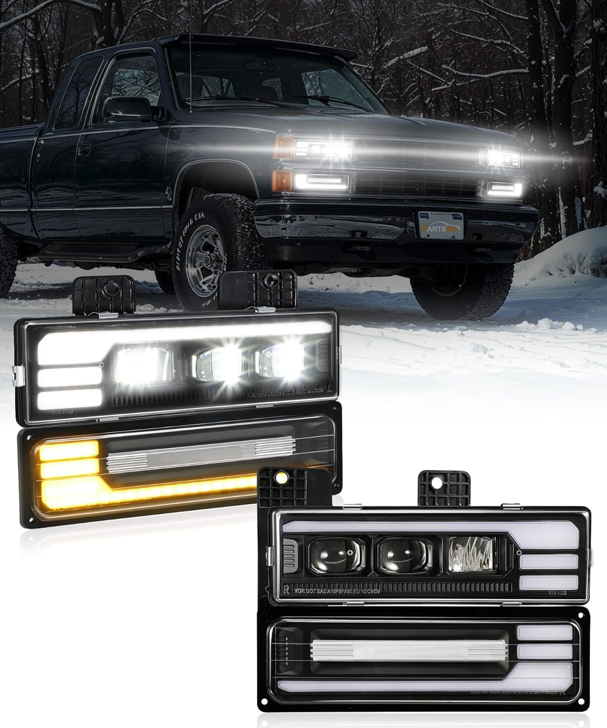 Partsam LED Headlights Assembly for OBS Truck 88-98 - front view