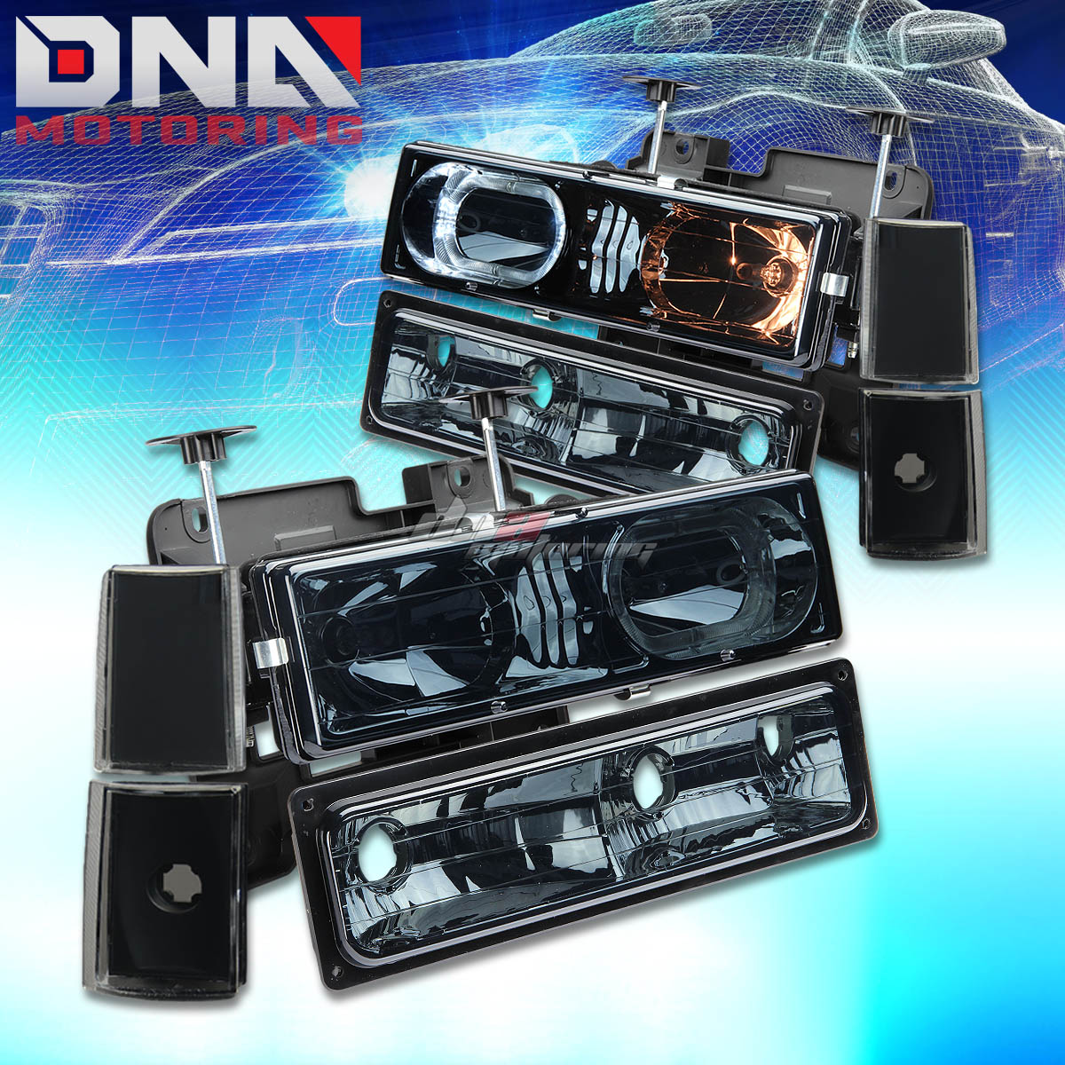 DNA Motoring Halo LED Headlights Smoke 88-93 Chevy C10