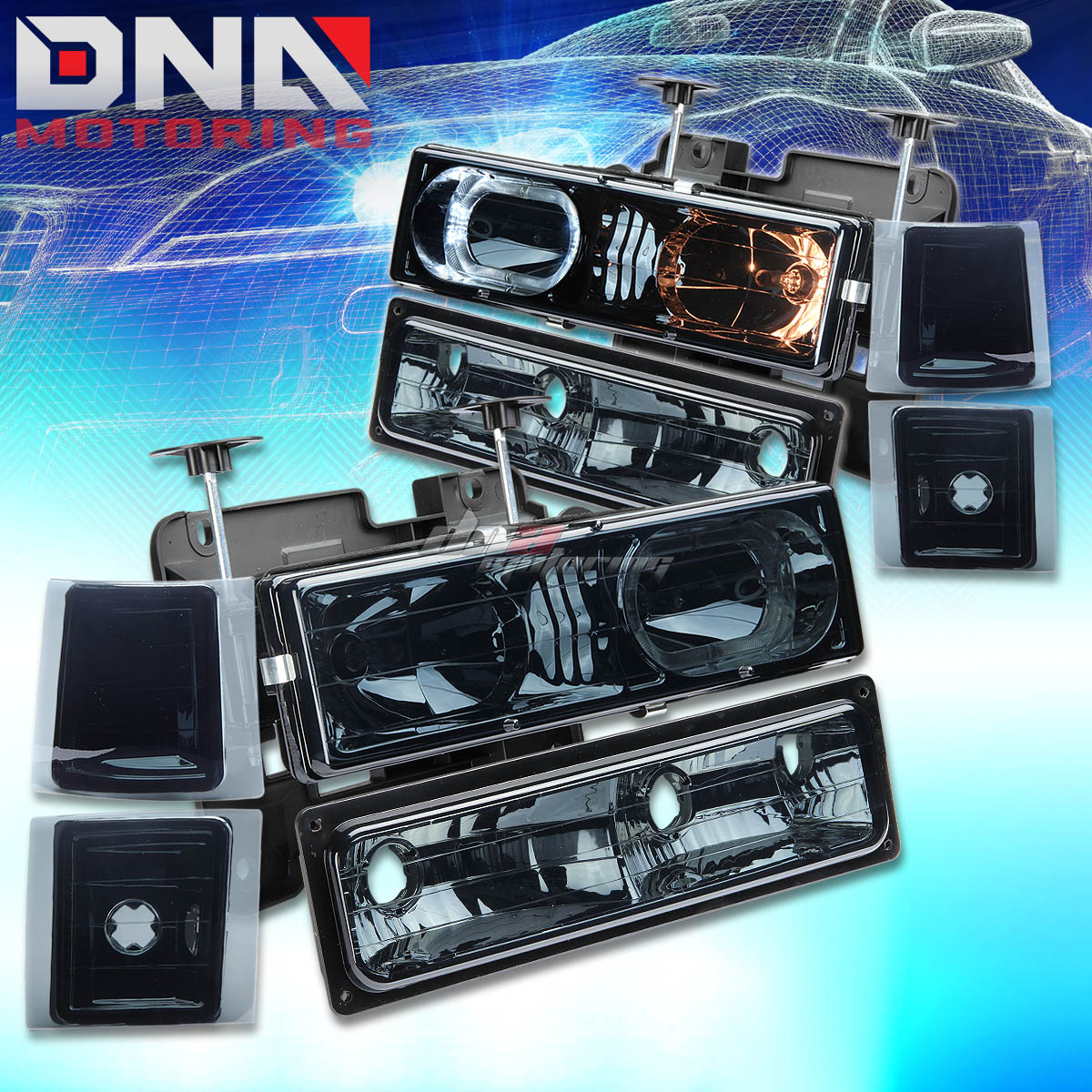 DNA Motoring Halo Headlights - Smoke - 94-98 Chevy C10