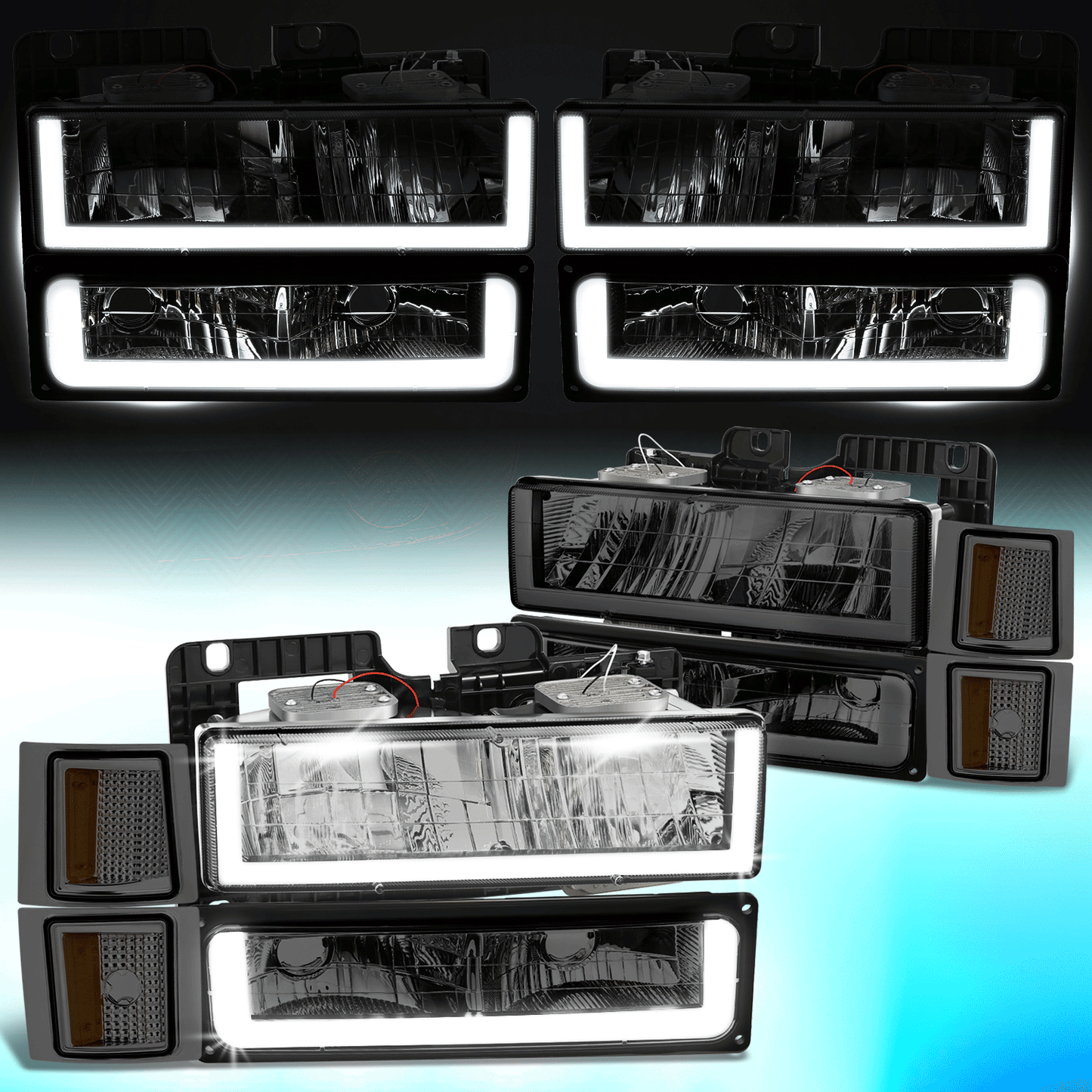 DNA Motoring LED Bar Headlight Set (LB3 Style) - Smoke/Amber - 94-98 Chevy C/K1500-3500