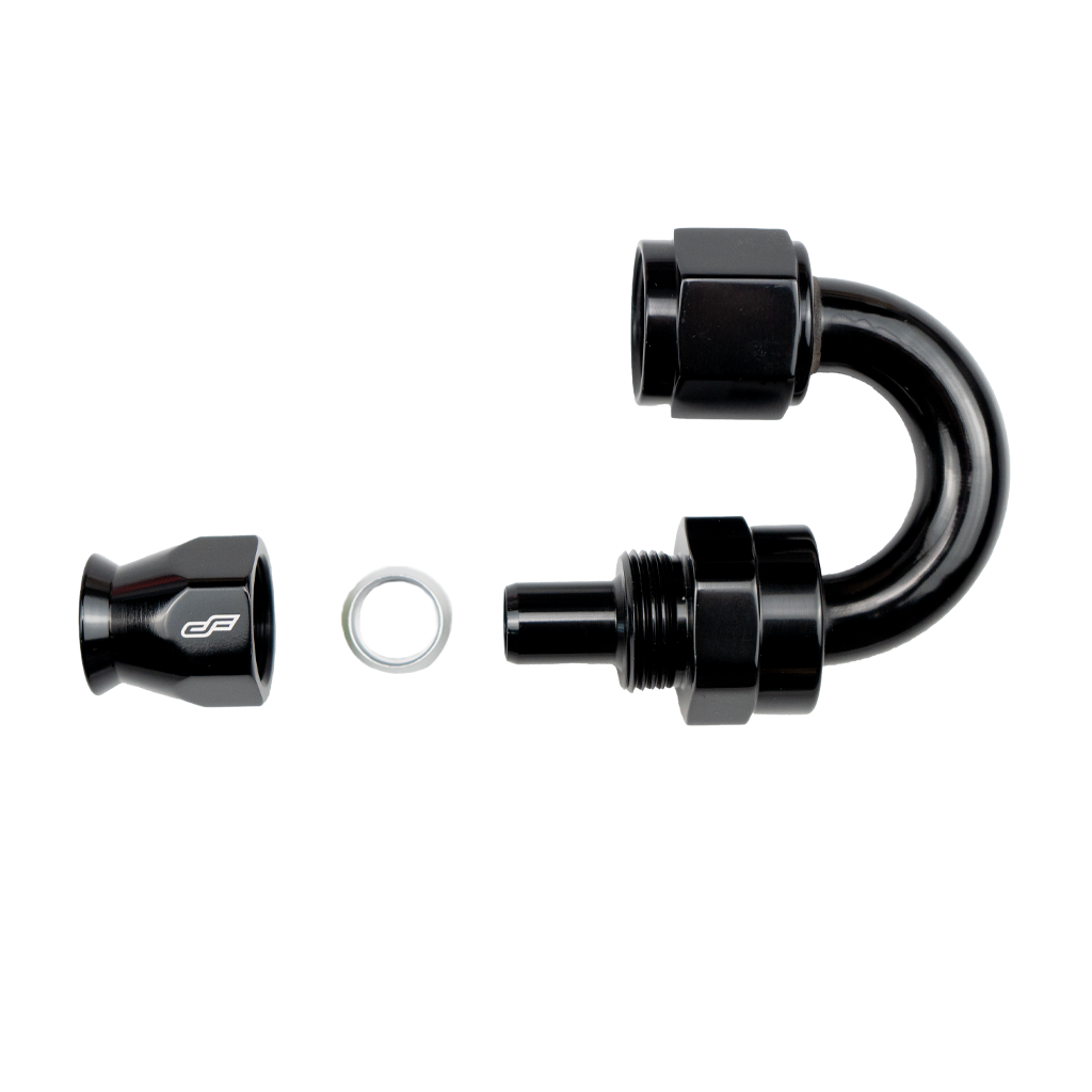 -4 AN 180 Degree Female Aluminum Hose End Fitting (PTFE) - Black (CF-FPE-04-180-000-BL)