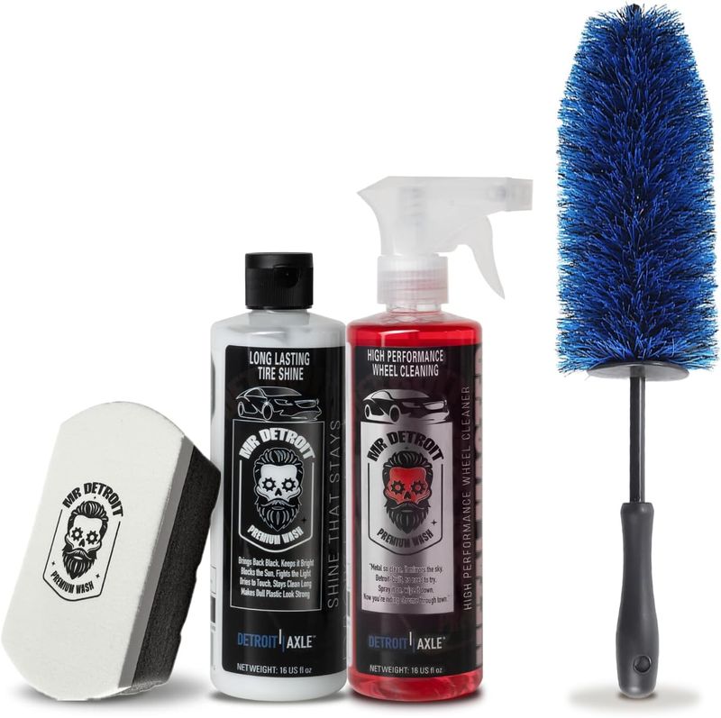 4pc Car Cleaning Kit w/Wheel Cleaner, Tire Shine, Sponge Pad, Brush