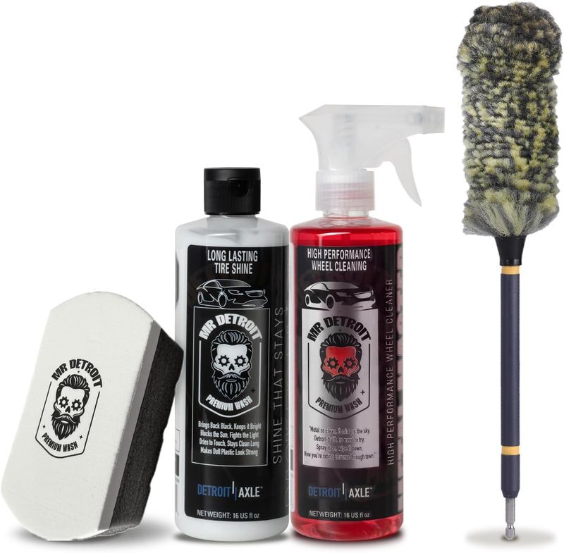 4pc Wheel & Tire Care Kit w/16oz Wheel Cleaner, Tire Shine, Drill Wheel Brush & More