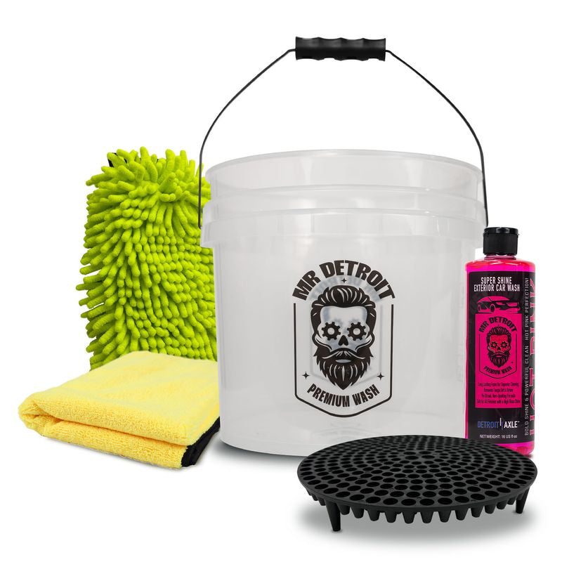 5pc Car Cleaning Kit w/16oz Car Soap, Mitt, Towel, Bucket & Dirt Trap
