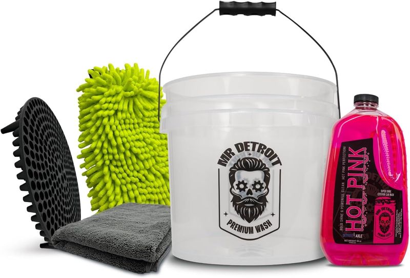 5pc Car Wash Kit w/Bucket, 16oz Car Soap, Wash Mitt, Drying Towel & More