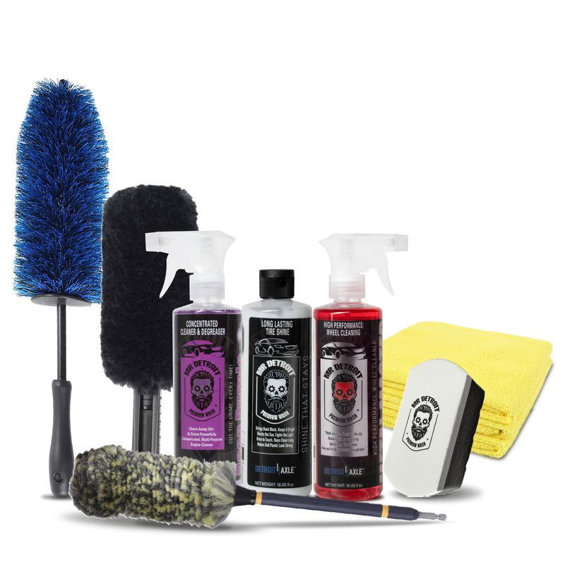 8pc Wheel & Tire Cleaning Kit w/16oz Degreaser, Tire Shine, Brushes, Applicator Pads & Towels