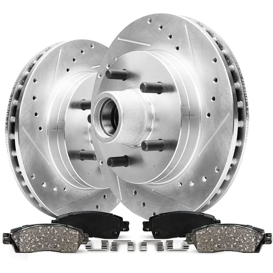 1995-1999 Chevy GMC C1500 4pc Front Drilled Slotted Rotors and Ceramic Pads Full Kit
