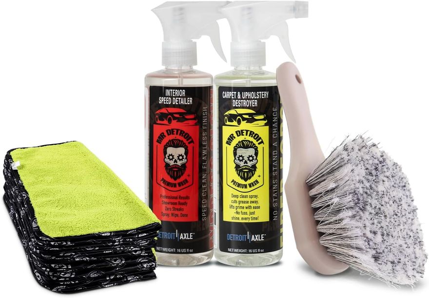 4pc Car Wash Kit w/Cleaner, Interior Speed Detailer, Towels, Brush